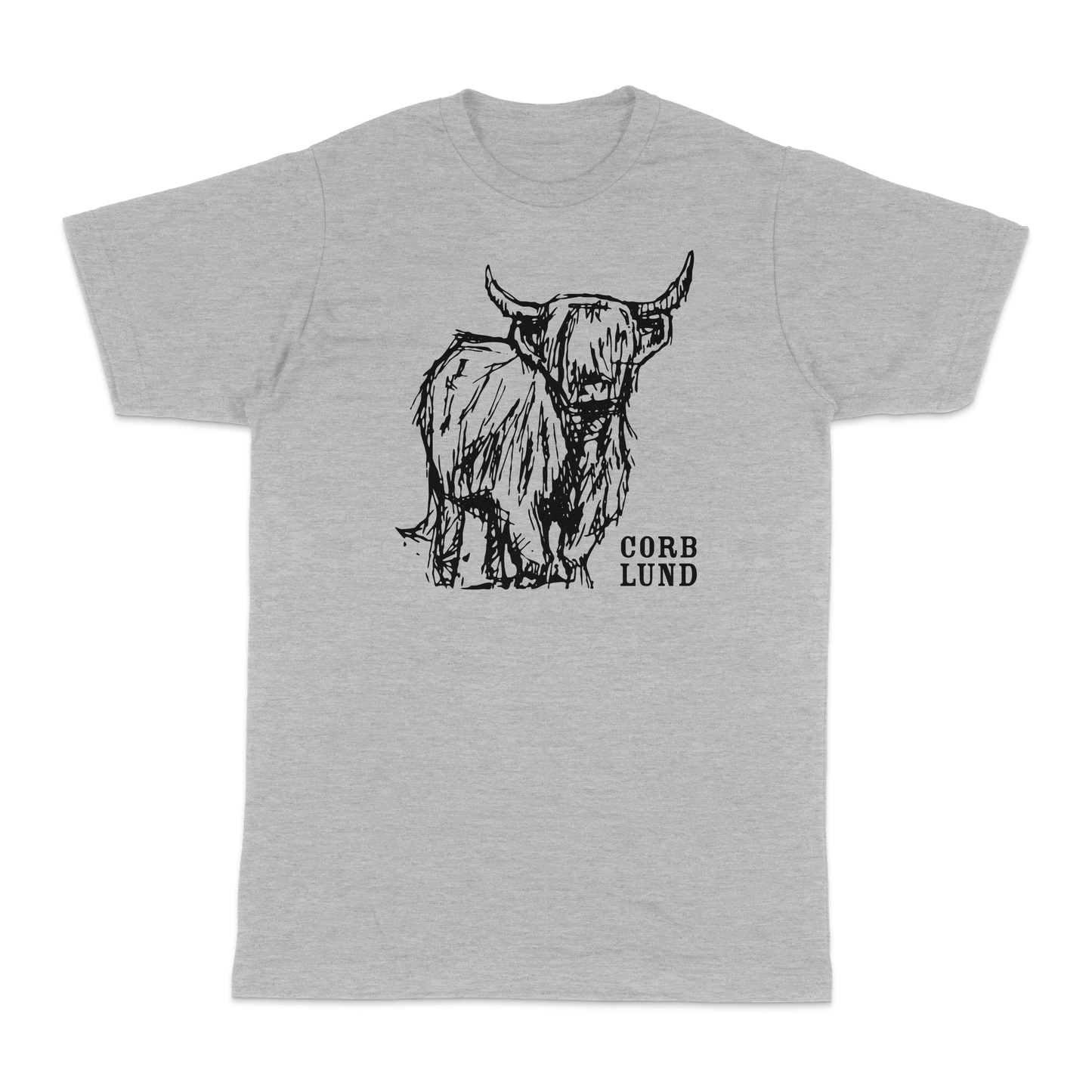 Gray t-shirt with a black bull graphic and 'Corb Lund' text on a white background