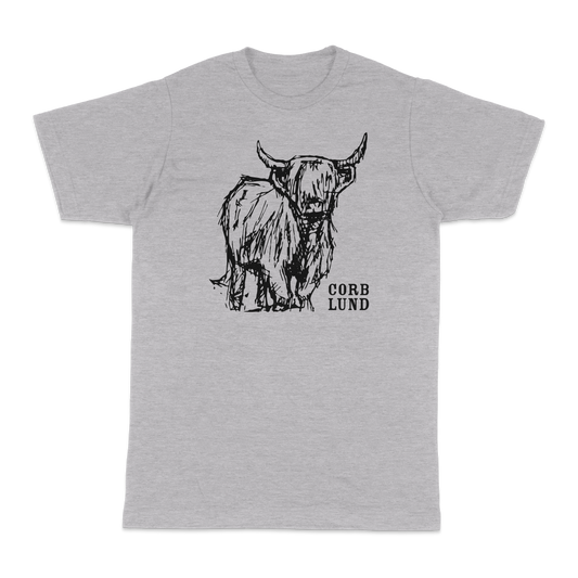 Gray t-shirt with a black bull graphic and 'Corb Lund' text on a white background